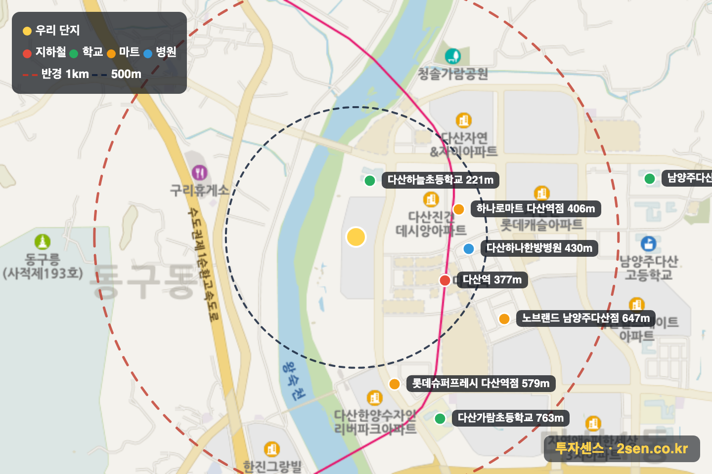 다산한양수자인리버팰리스 반경 1km 입지 지도(지하철·학교·마트)