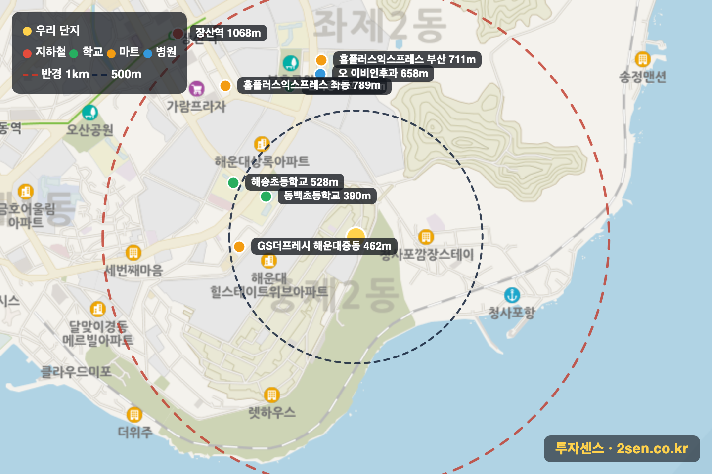 달맞이우성빌라트 반경 1km 입지 지도(지하철·학교·마트)