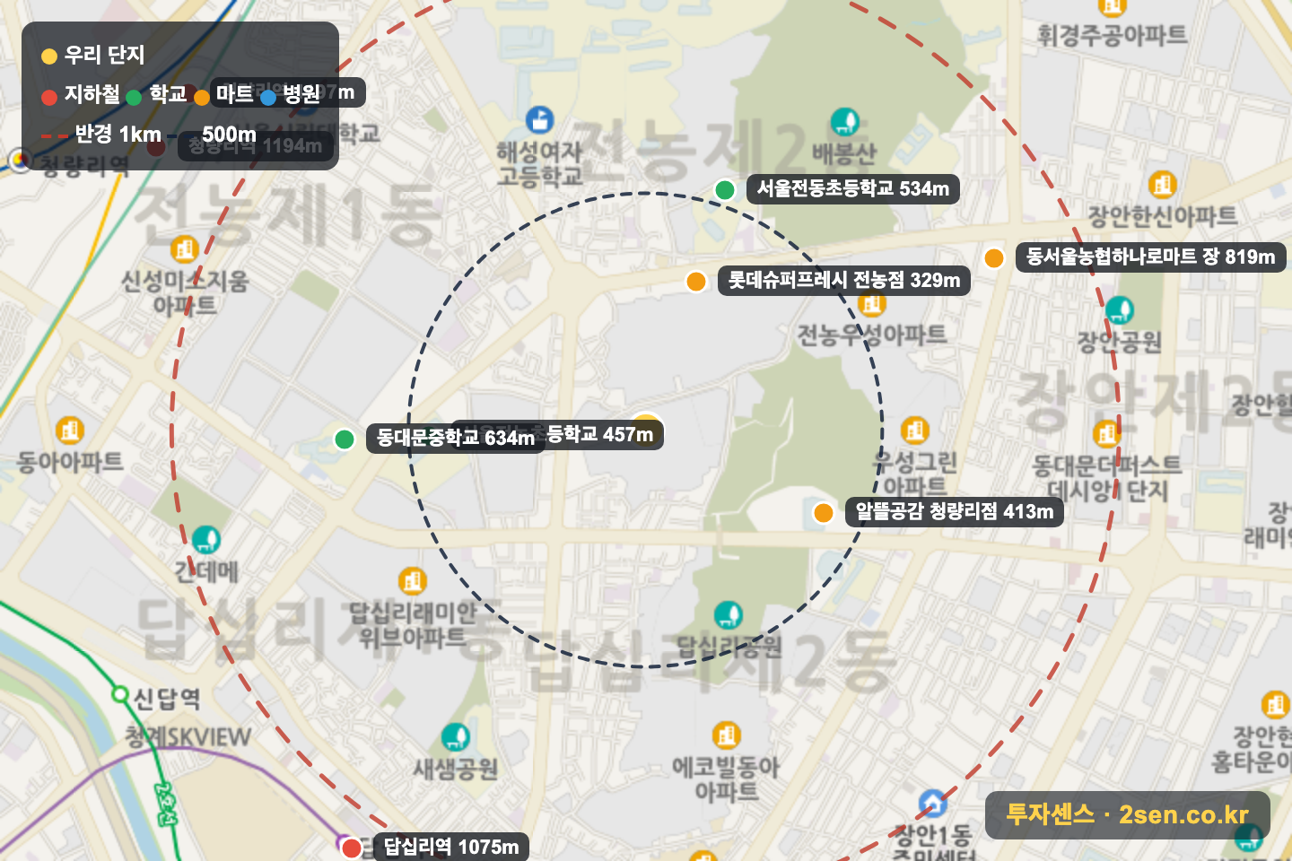 답십리청솔우성 반경 1km 입지 지도(지하철·학교·마트)