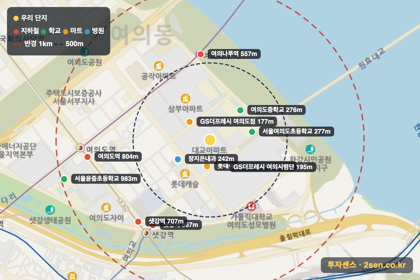 대교 반경 1km 입지 지도(지하철·학교·마트)