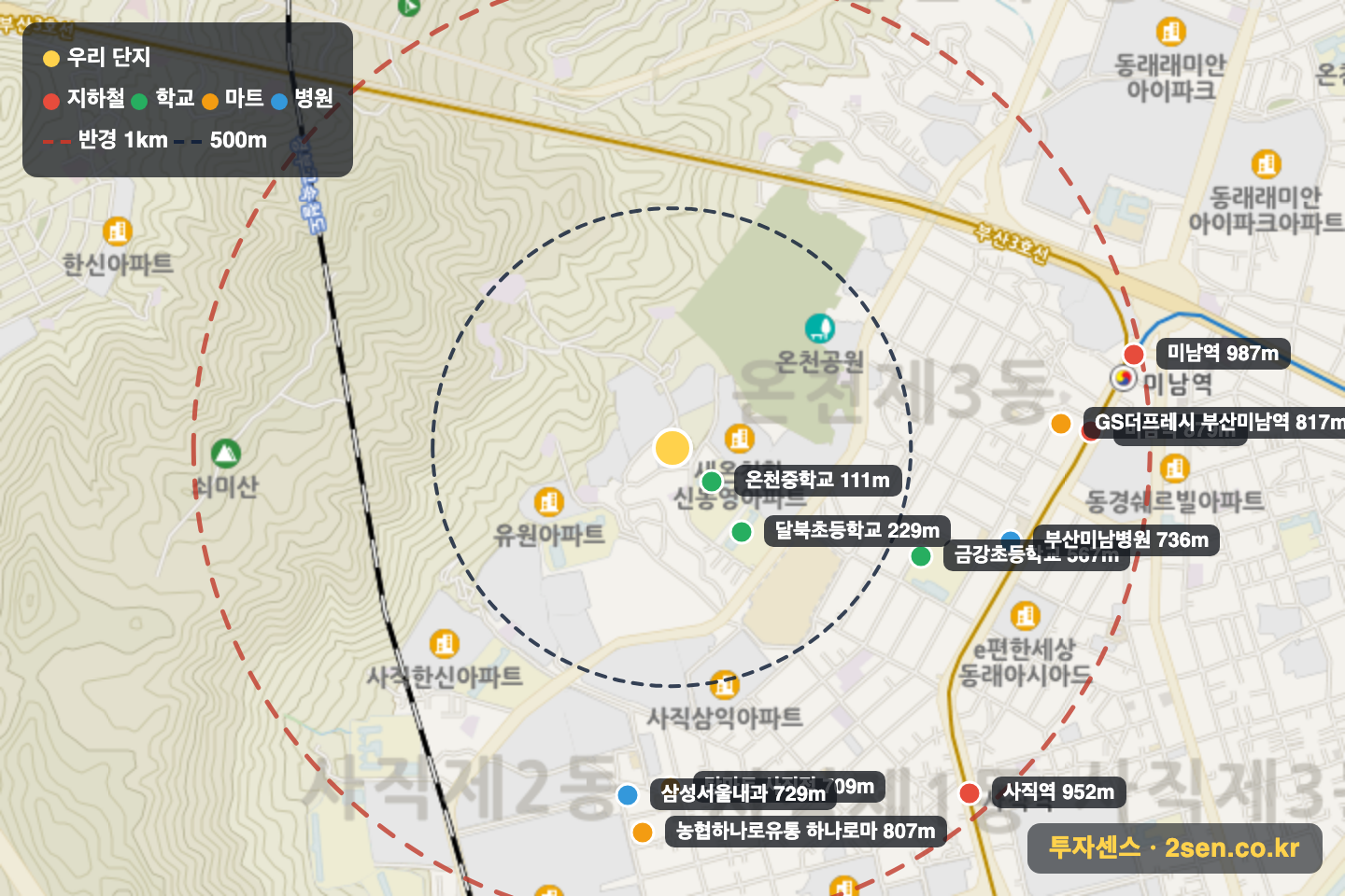 대륙코리아나 반경 1km 입지 지도(지하철·학교·마트)