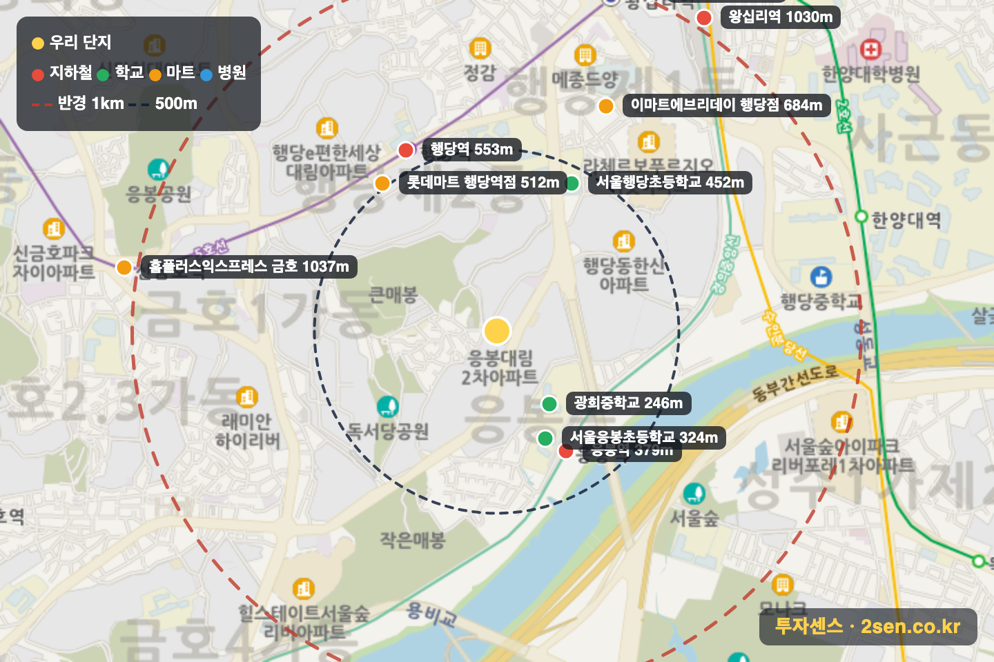 대림2차 반경 1km 입지 지도(지하철·학교·마트)