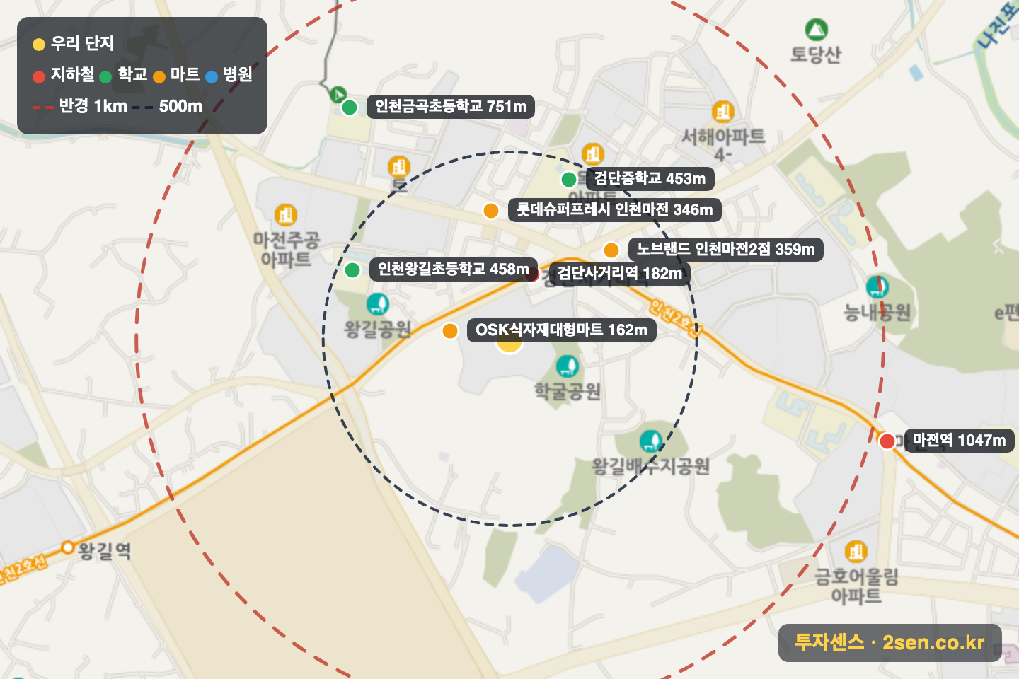 대림e-편한세상(검단2지구66BL1L) 반경 1km 입지 지도(지하철·학교·마트)