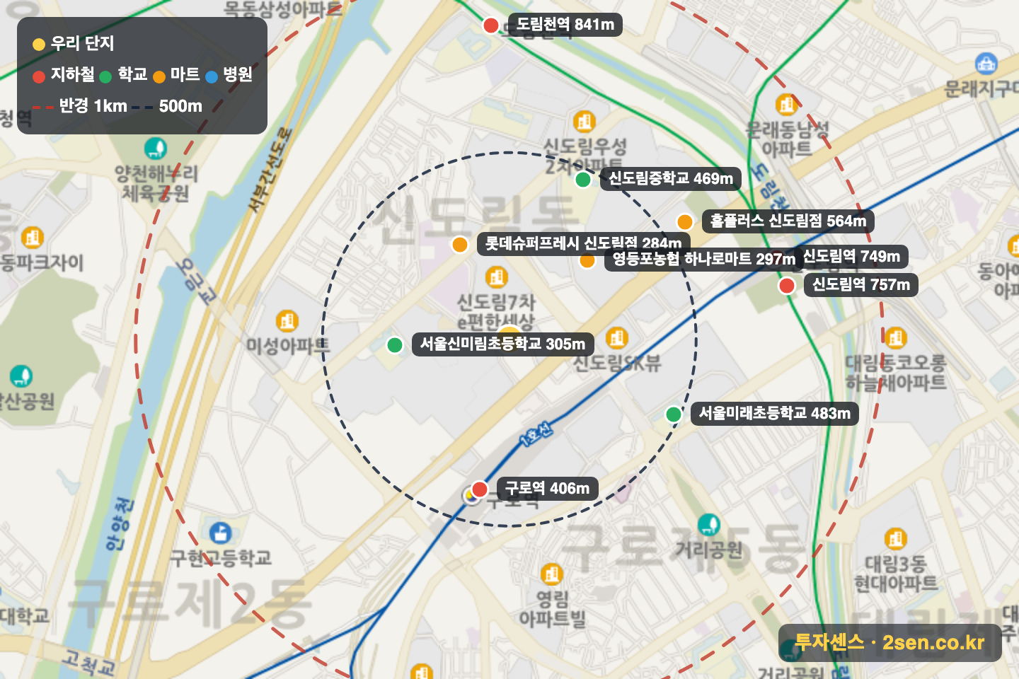대림e-편한세상4 반경 1km 입지 지도(지하철·학교·마트)