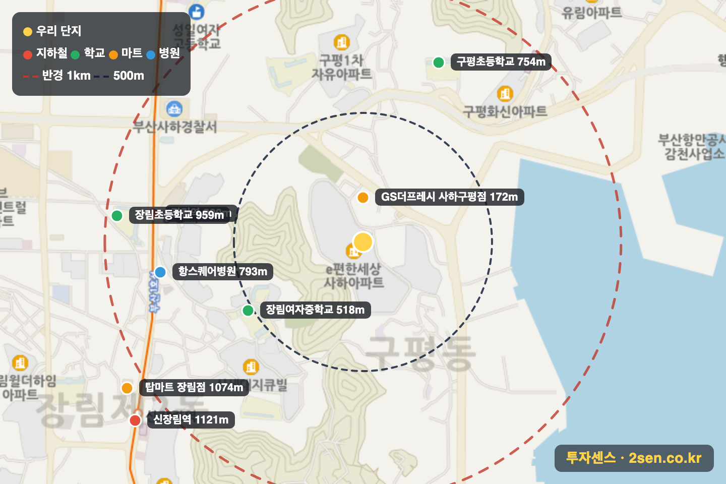 대림e편한세상 반경 1km 입지 지도(지하철·학교·마트)