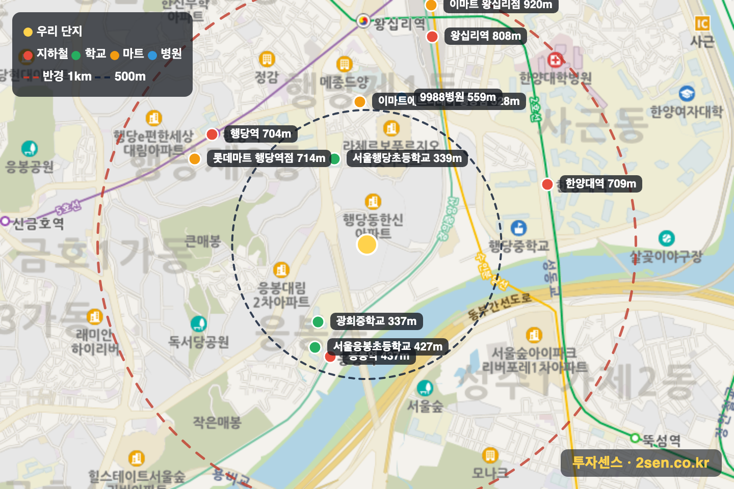 대림강변타운 반경 1km 입지 지도(지하철·학교·마트)