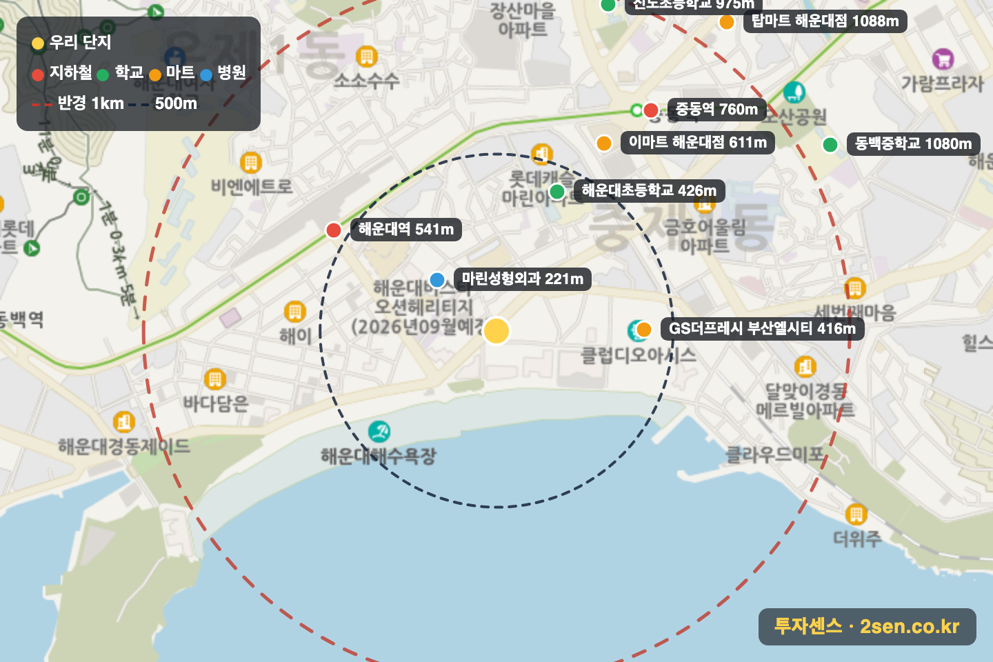 대림맨션 반경 1km 입지 지도(지하철·학교·마트)