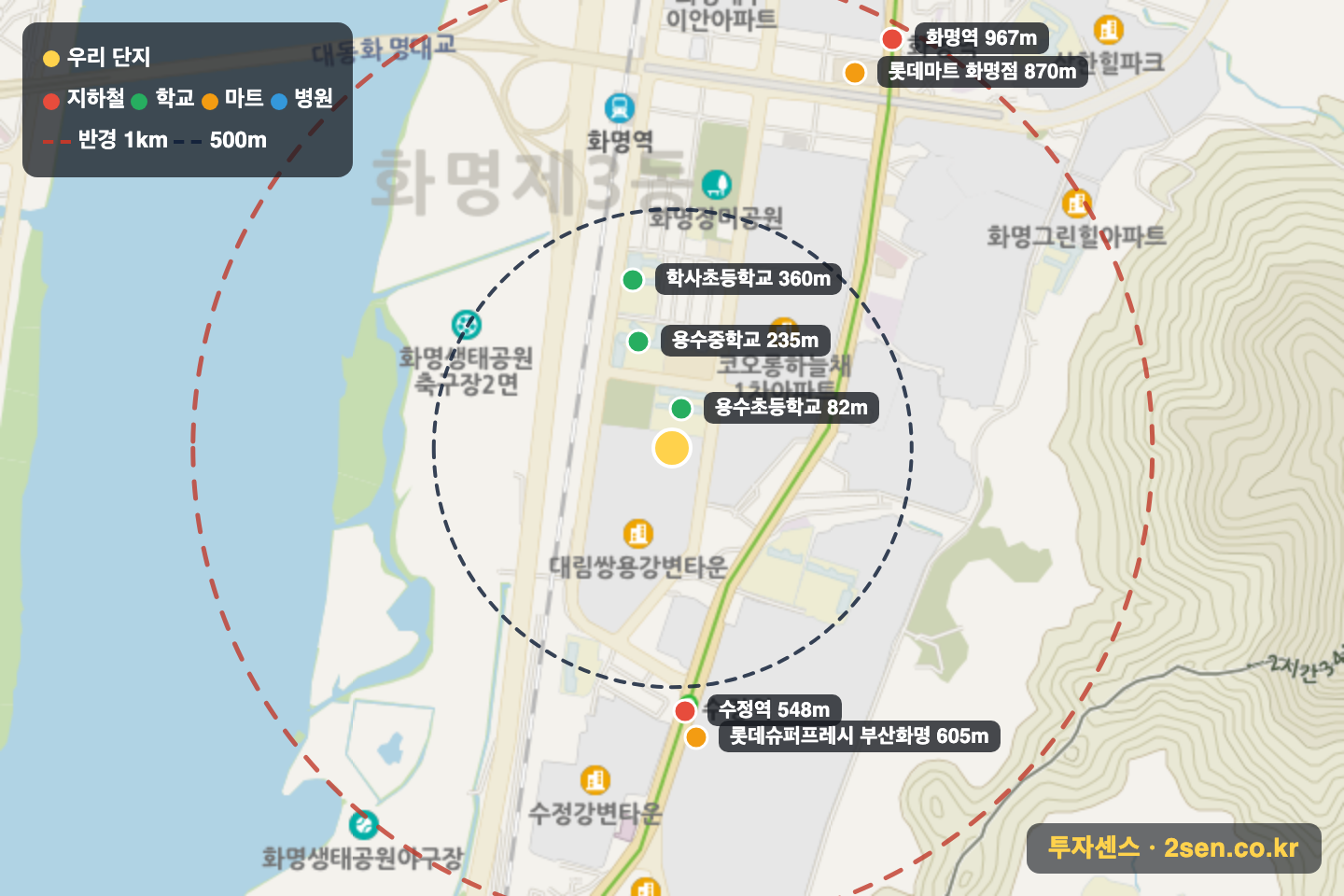 대림쌍용강변타운 반경 1km 입지 지도(지하철·학교·마트)