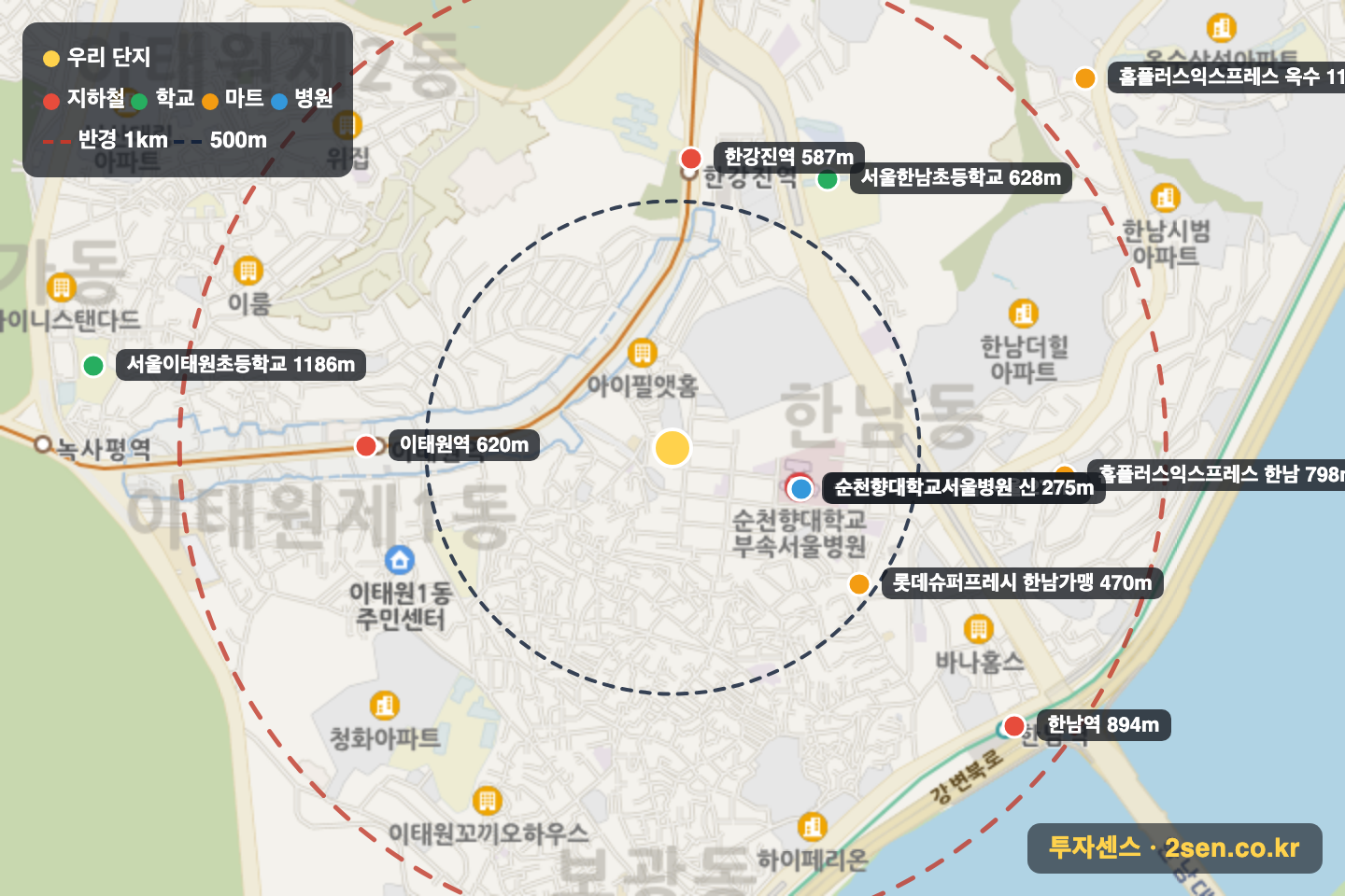 대림아르빌 반경 1km 입지 지도(지하철·학교·마트)