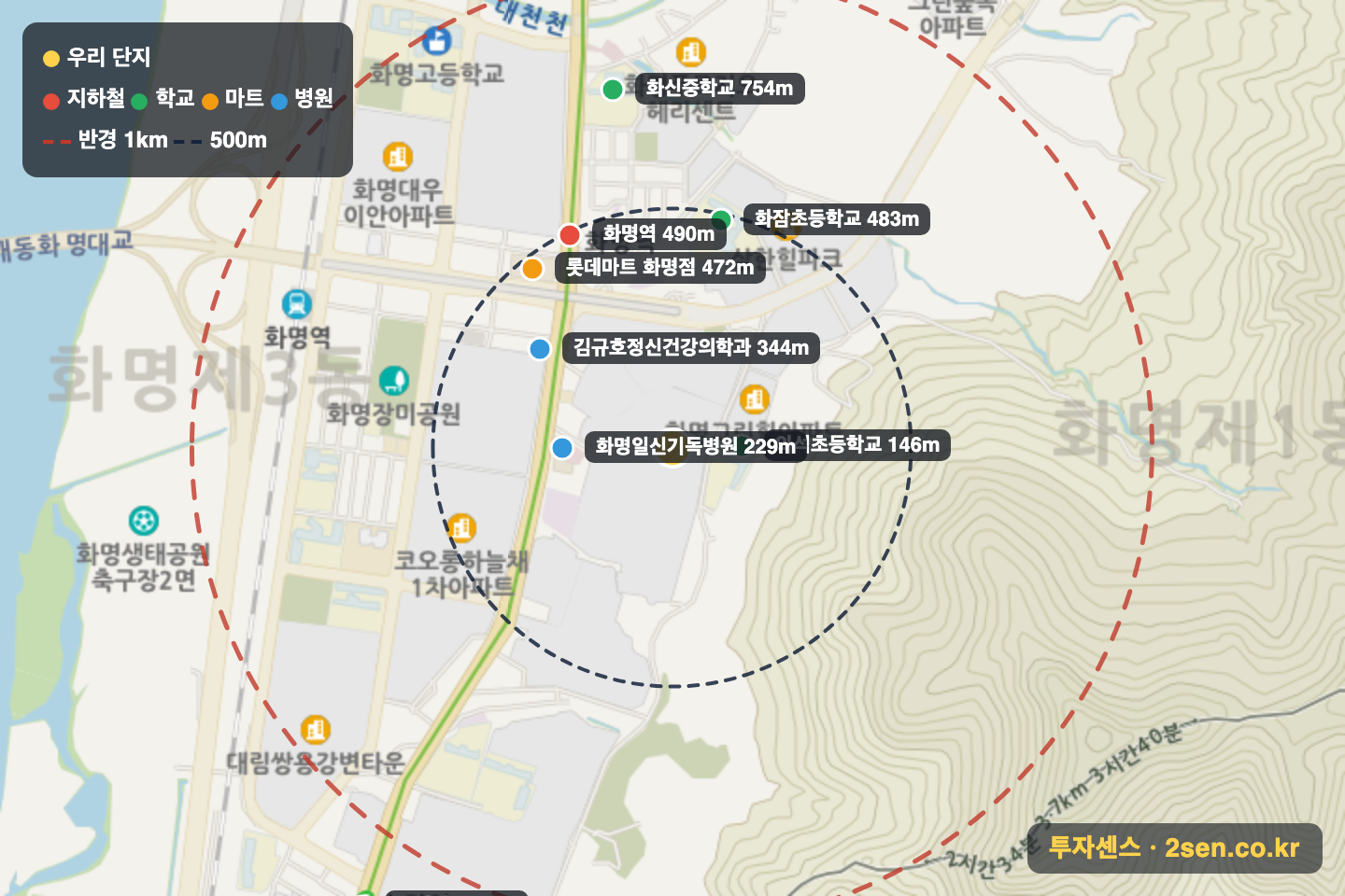 대림타운 반경 1km 입지 지도(지하철·학교·마트)