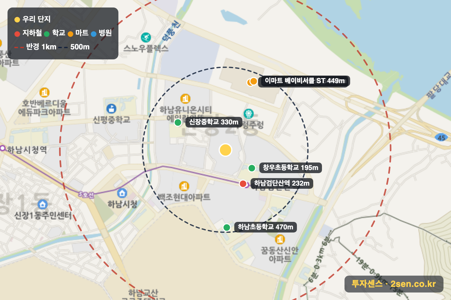 대명강변타운 반경 1km 입지 지도(지하철·학교·마트)