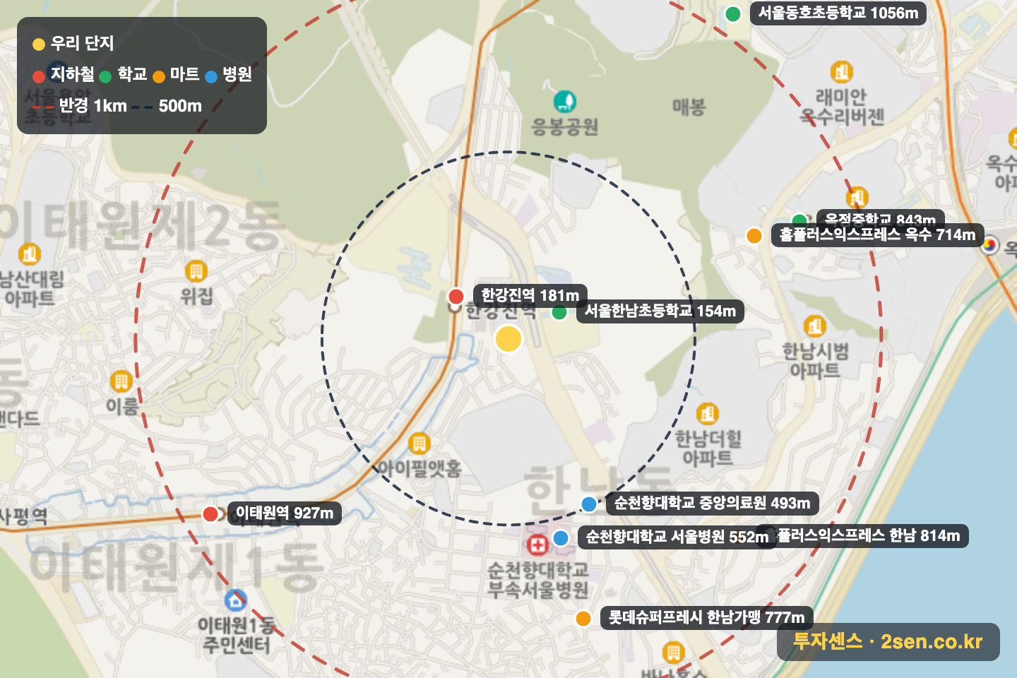 대성이태리하우스 반경 1km 입지 지도(지하철·학교·마트)