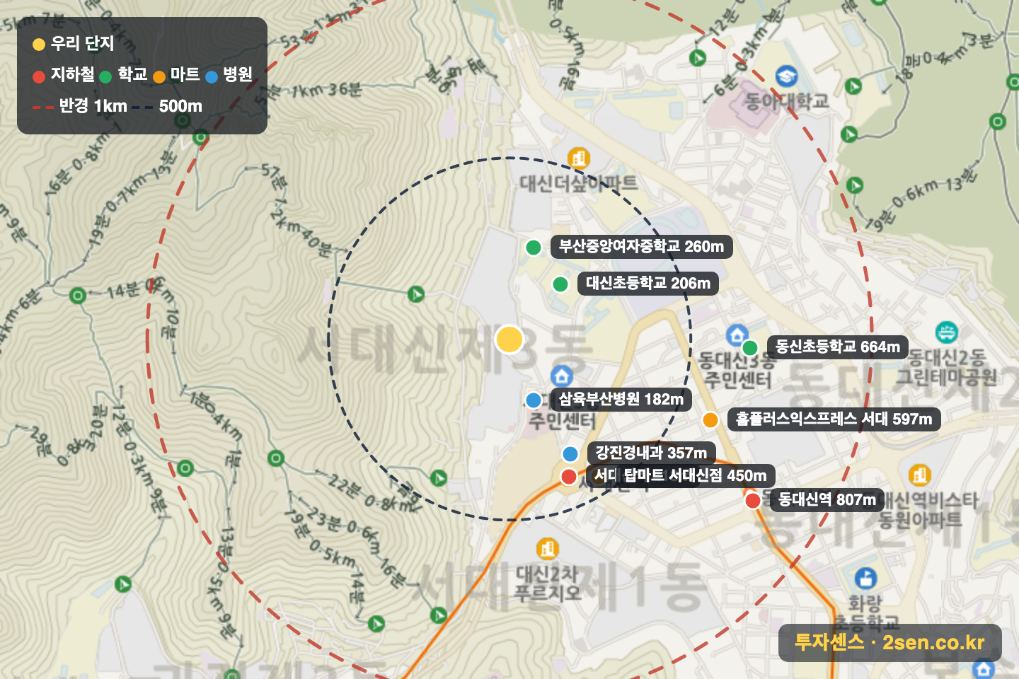 대신롯데캐슬 반경 1km 입지 지도(지하철·학교·마트)