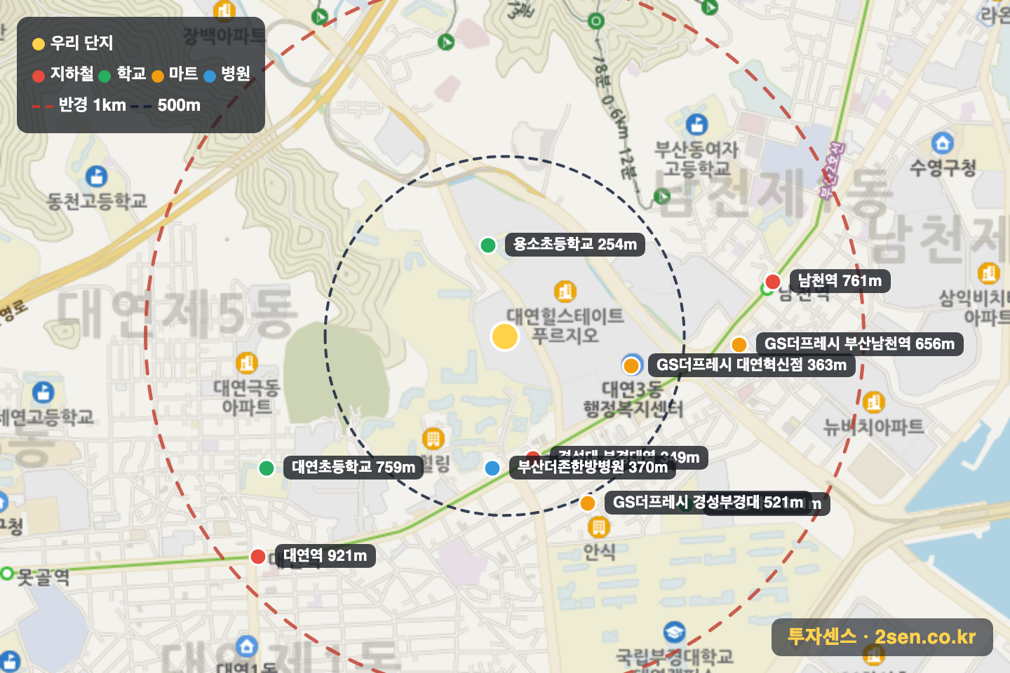 대연롯데캐슬 반경 1km 입지 지도(지하철·학교·마트)