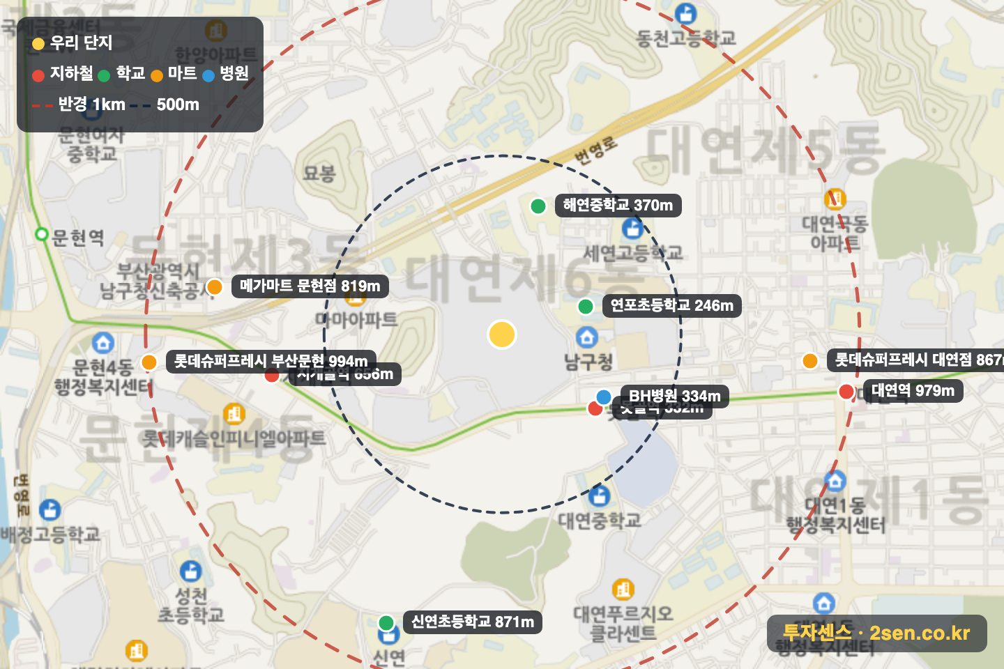 대연롯데캐슬레전드1단지 반경 1km 입지 지도(지하철·학교·마트)