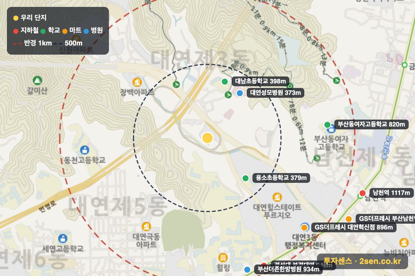 대연삼정그린코아더베스트 반경 1km 입지 지도(지하철·학교·마트)