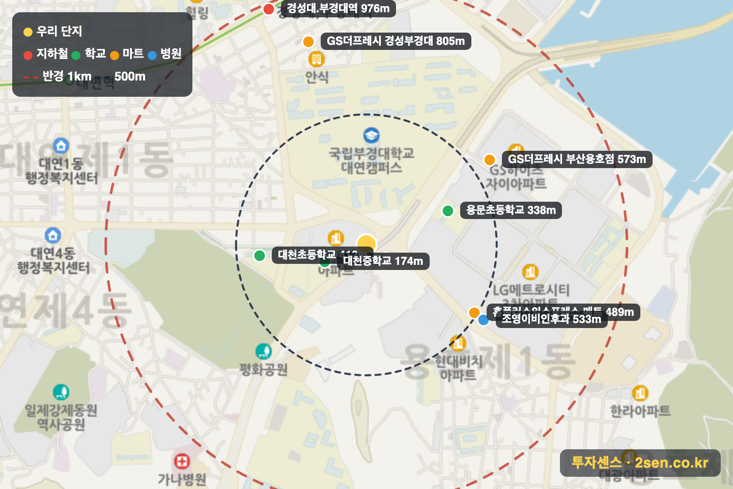 대연자이 반경 1km 입지 지도(지하철·학교·마트)