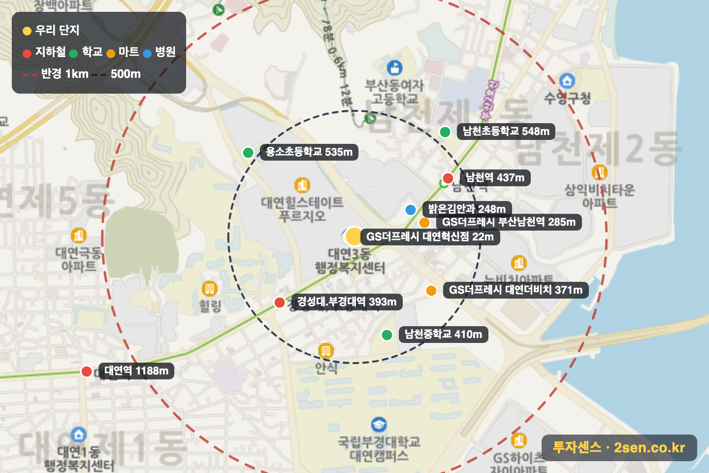 대연힐스테이트푸르지오 반경 1km 입지 지도(지하철·학교·마트)