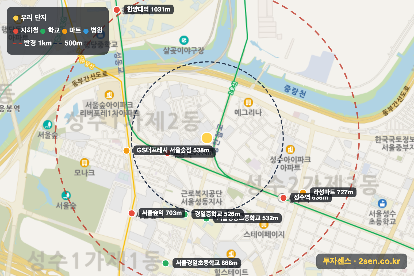 대우2 반경 1km 입지 지도(지하철·학교·마트)