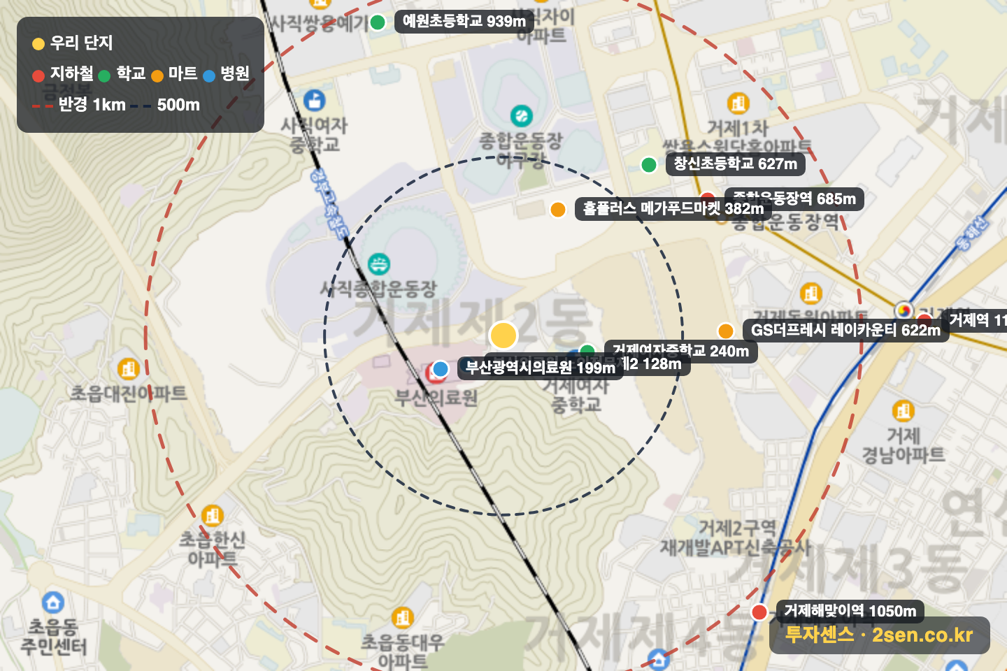 대우그린 반경 1km 입지 지도(지하철·학교·마트)