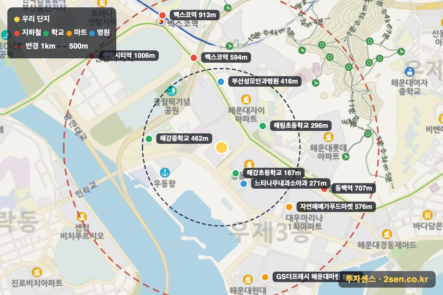 대우동삼 반경 1km 입지 지도(지하철·학교·마트)