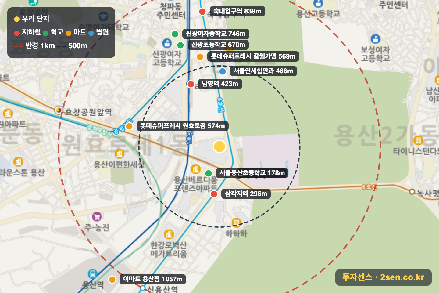 대우월드마크용산 반경 1km 입지 지도(지하철·학교·마트)