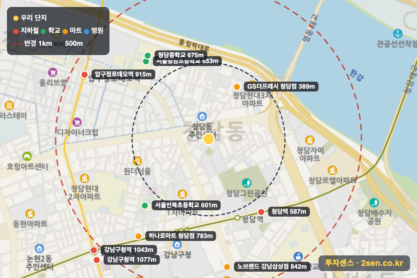 대우유로카운티 반경 1km 입지 지도(지하철·학교·마트)