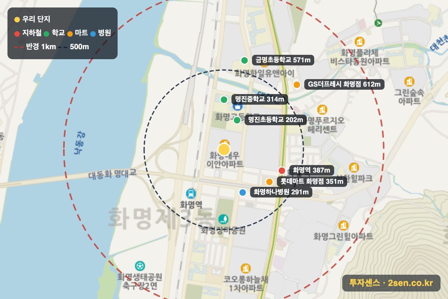 대우이안 반경 1km 입지 지도(지하철·학교·마트)