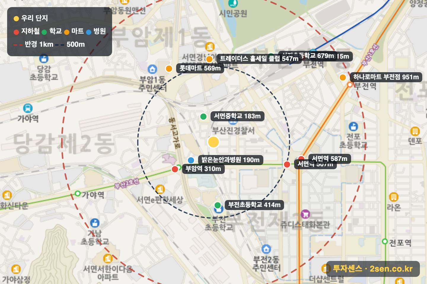 대원 반경 1km 입지 지도(지하철·학교·마트)
