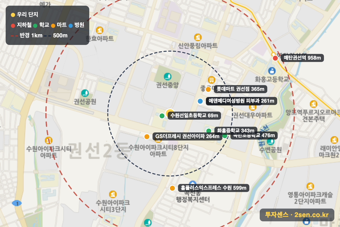 대원신동아 반경 1km 입지 지도(지하철·학교·마트)
