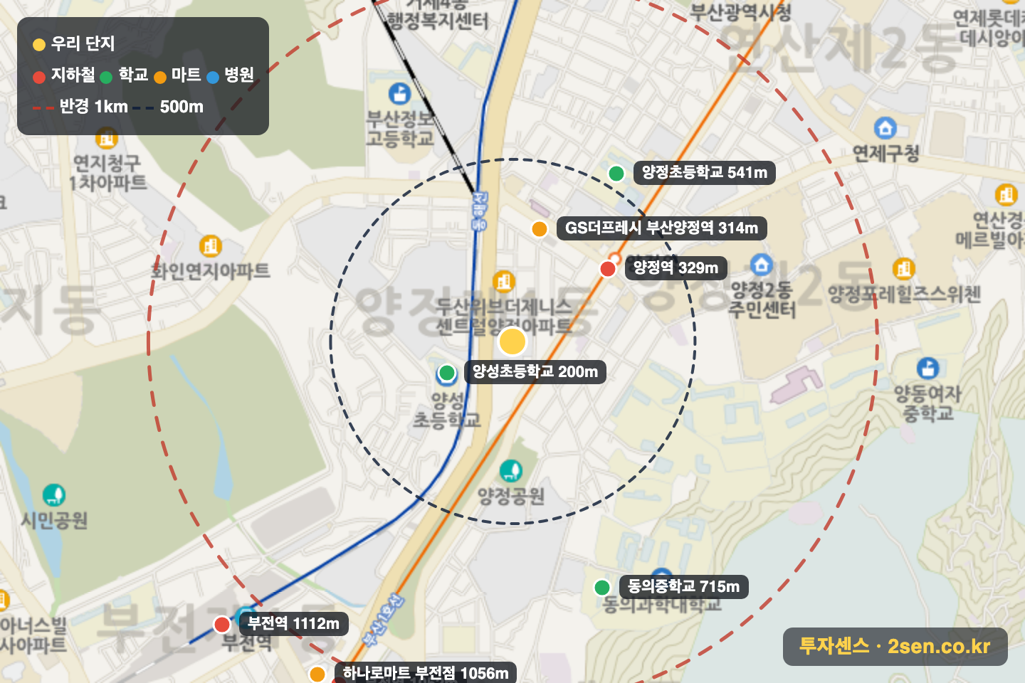 대원칸타빌멤버스 반경 1km 입지 지도(지하철·학교·마트)