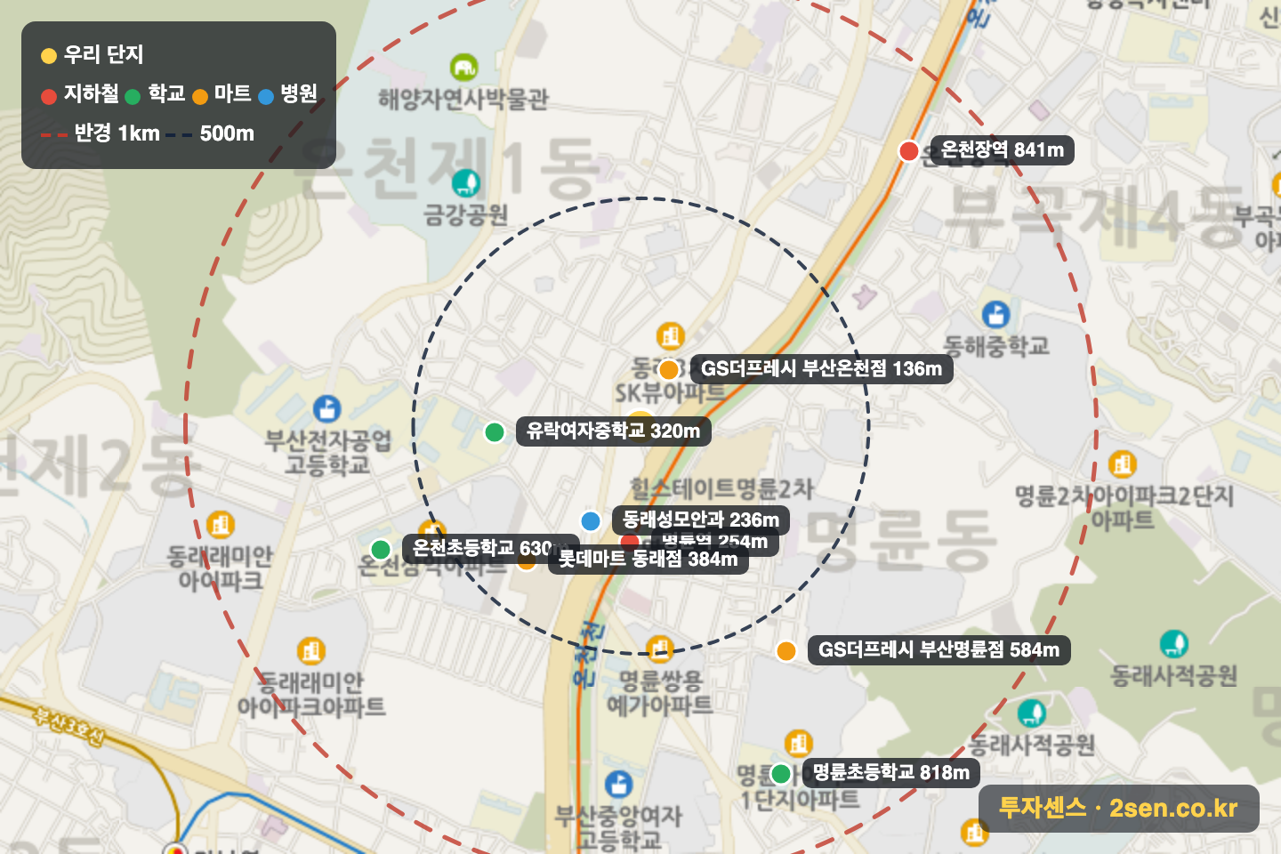더샵동래 반경 1km 입지 지도(지하철·학교·마트)
