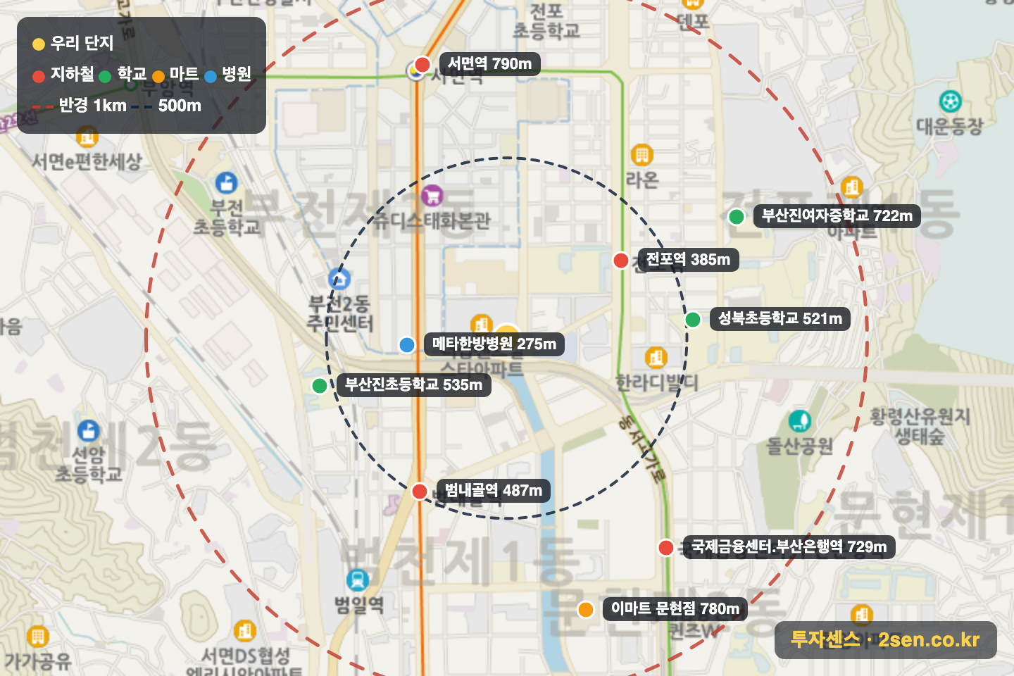 더샵센트럴스타 반경 1km 입지 지도(지하철·학교·마트)