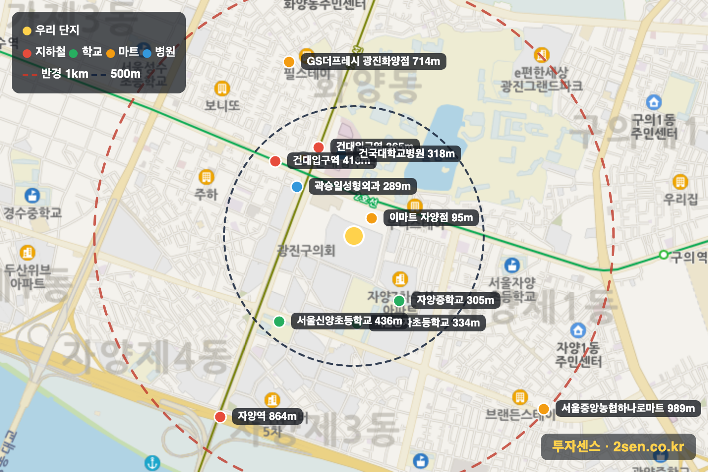 더샵스타시티 반경 1km 입지 지도(지하철·학교·마트)