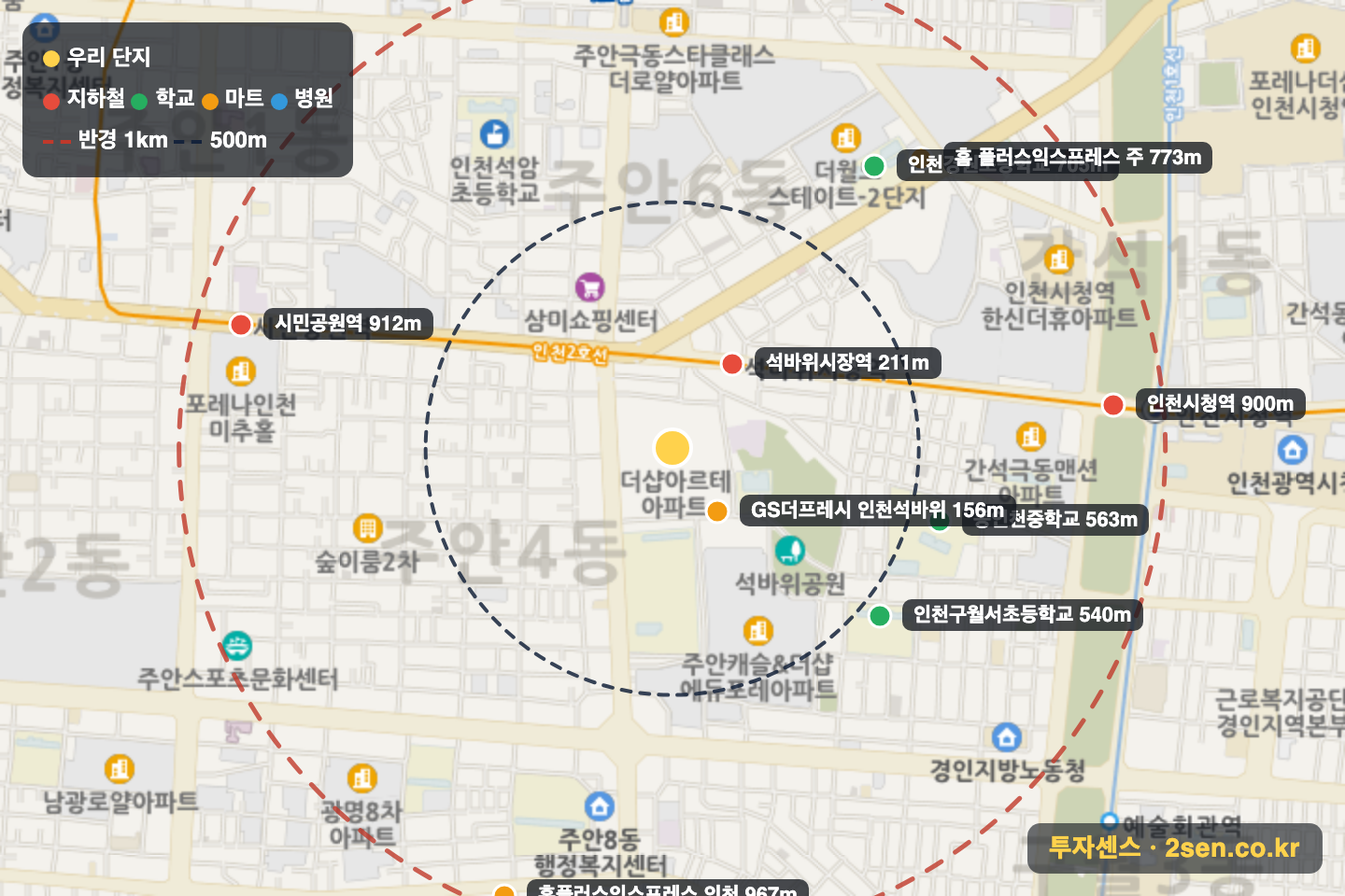 더샵아르테 반경 1km 입지 지도(지하철·학교·마트)