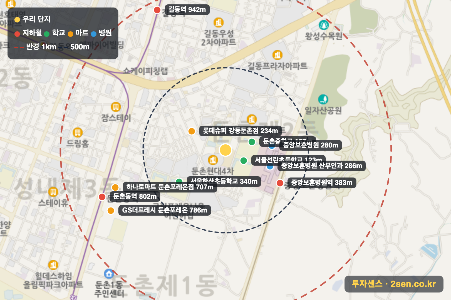 더샵파크솔레이유 반경 1km 입지 지도(지하철·학교·마트)
