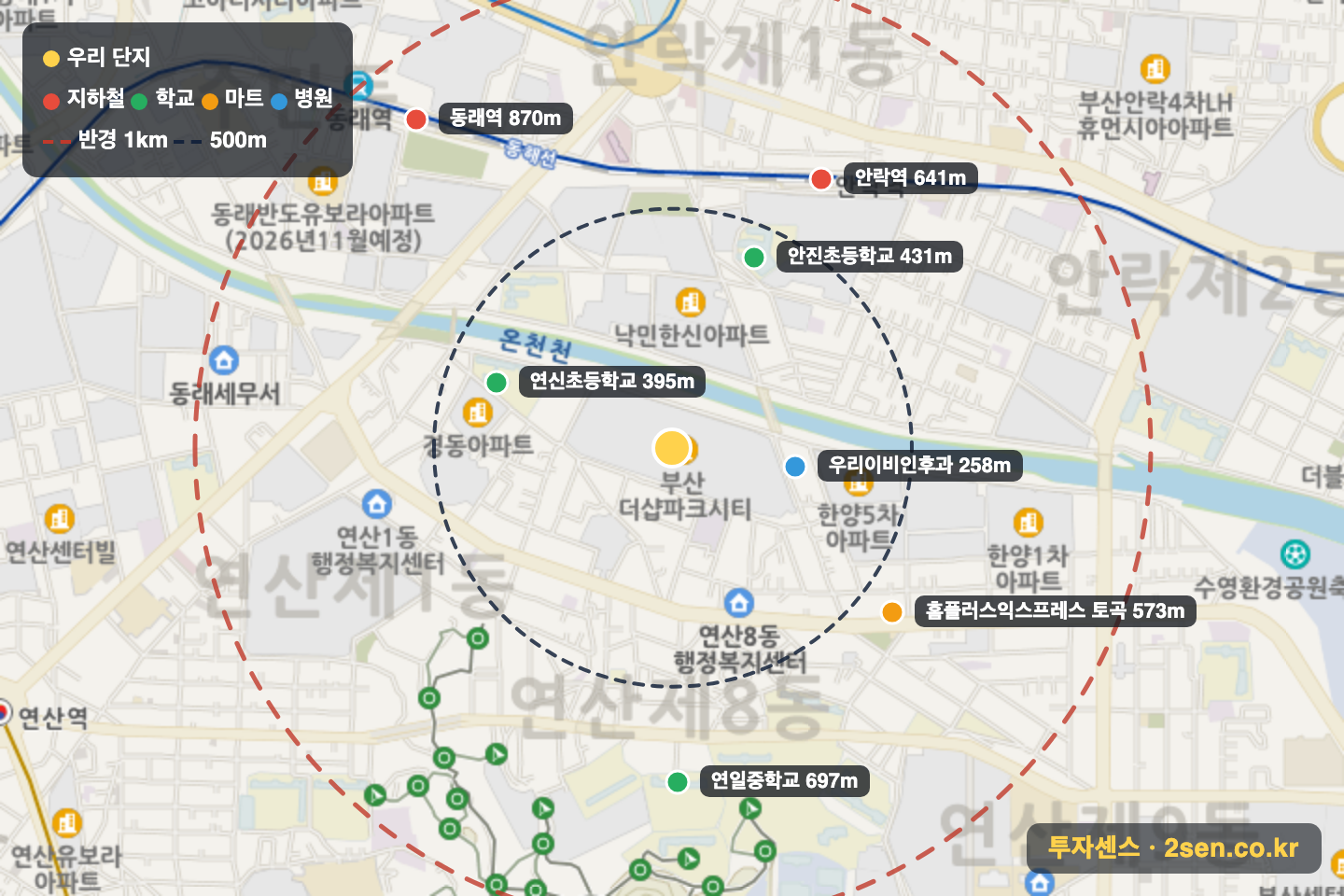 더샵파크시티 반경 1km 입지 지도(지하철·학교·마트)