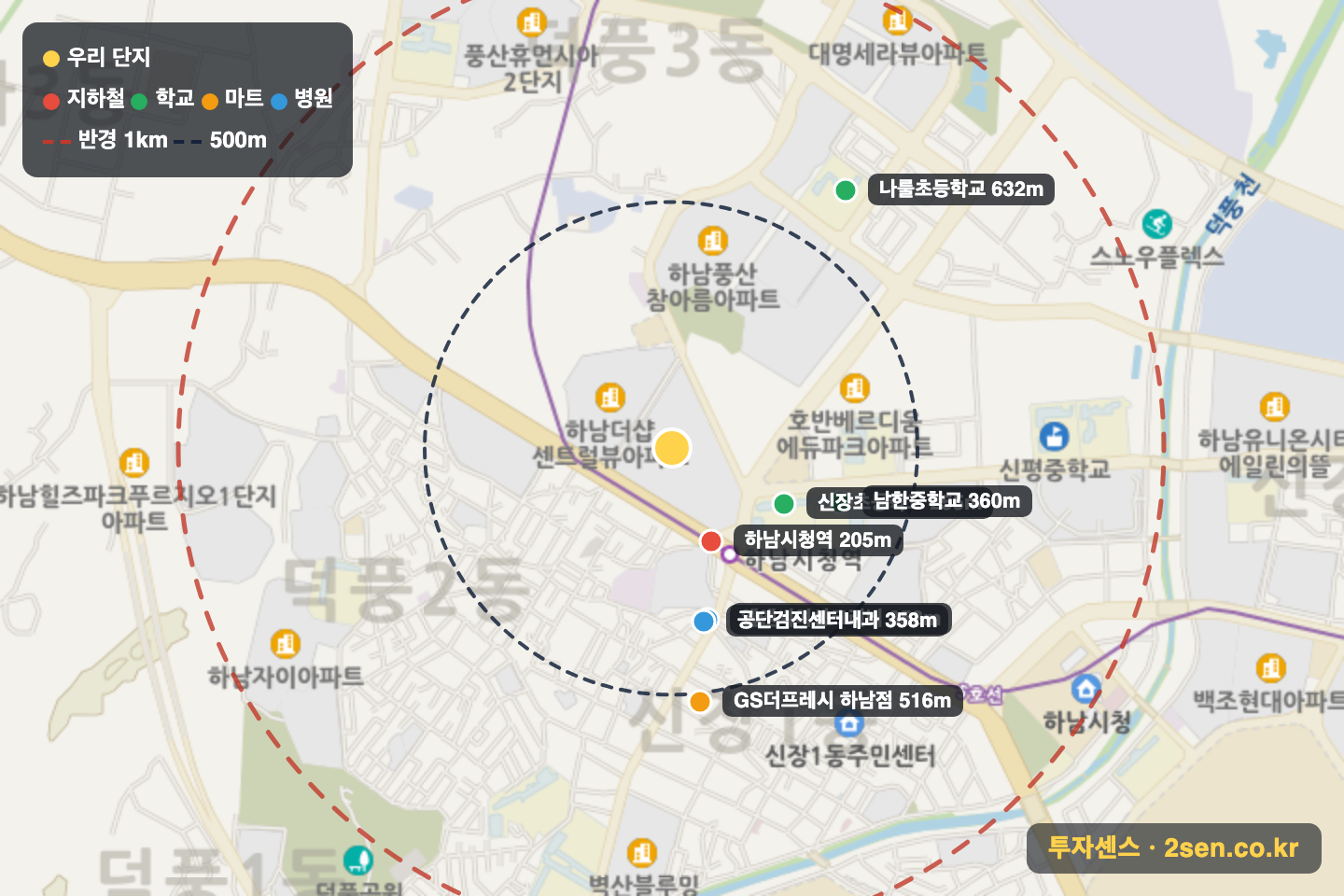 더샵하남에디피스 반경 1km 입지 지도(지하철·학교·마트)