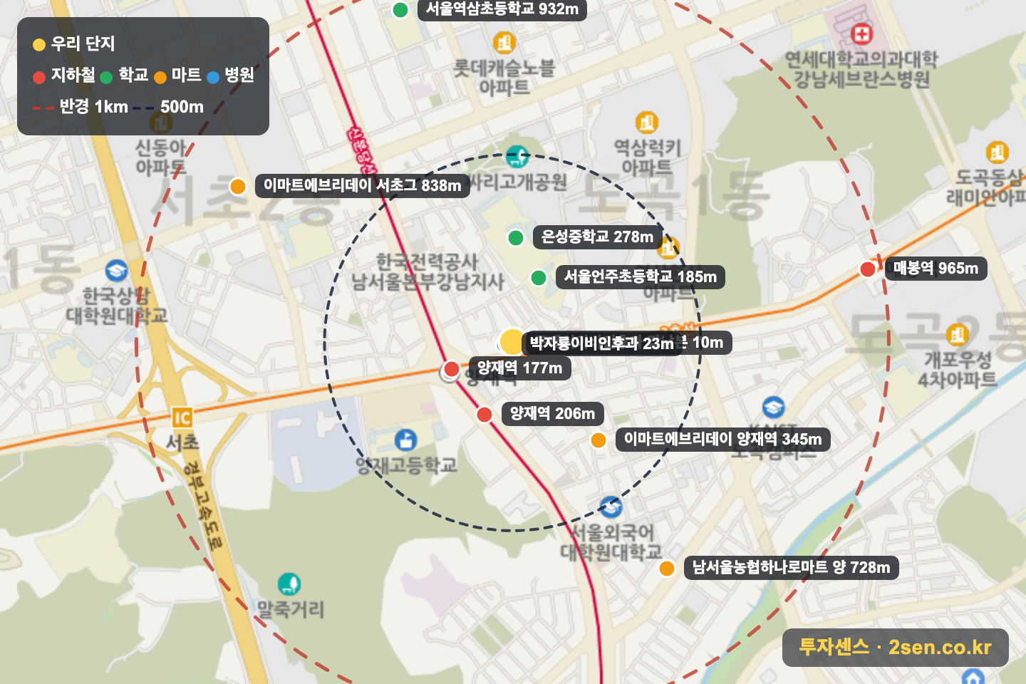 도곡스타클래스 반경 1km 입지 지도(지하철·학교·마트)