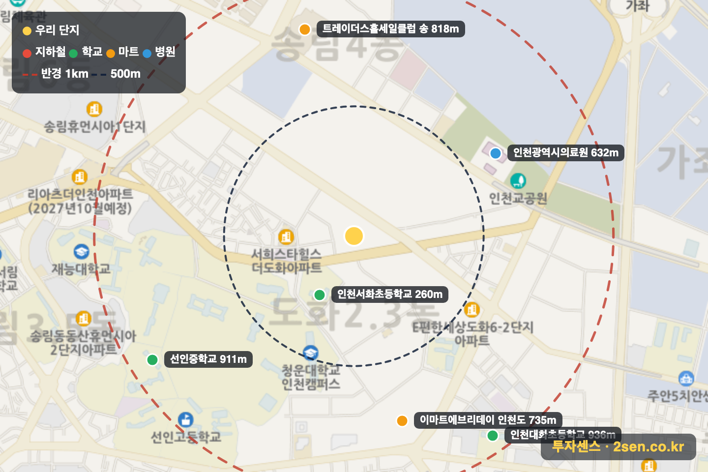 도화역금강펜테리움센트럴파크 반경 1km 입지 지도(지하철·학교·마트)