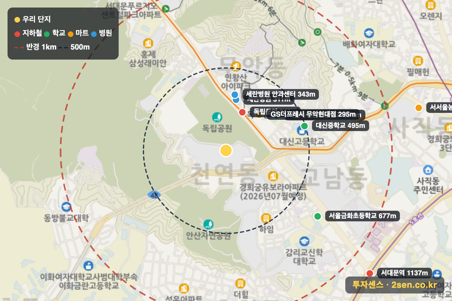 독립문극동(200-0) 반경 1km 입지 지도(지하철·학교·마트)