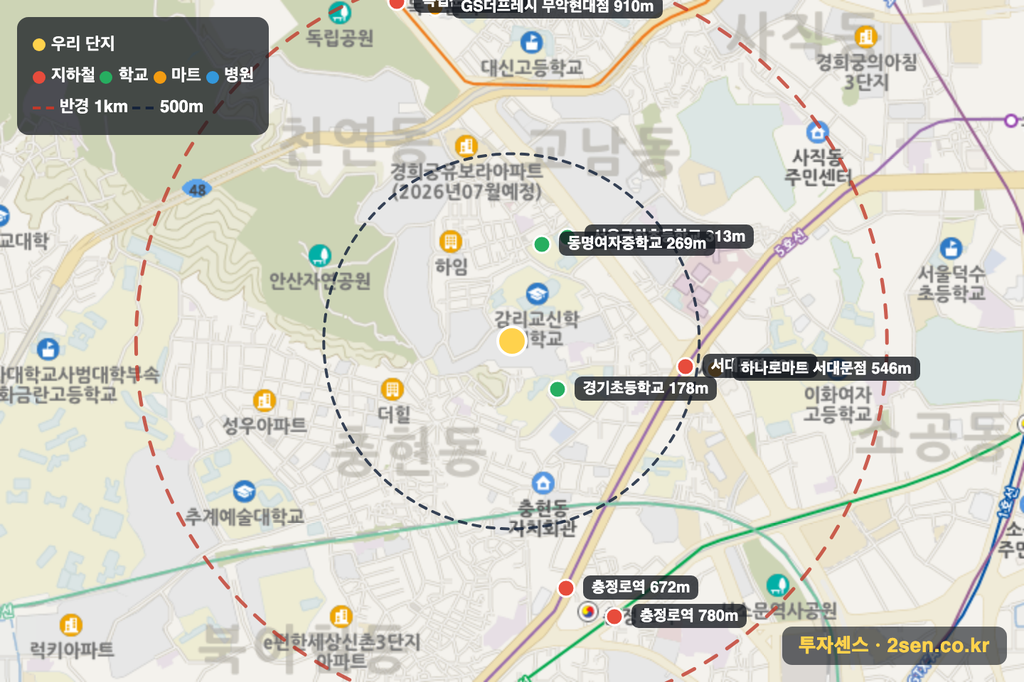 돈의문센트레빌 반경 1km 입지 지도(지하철·학교·마트)