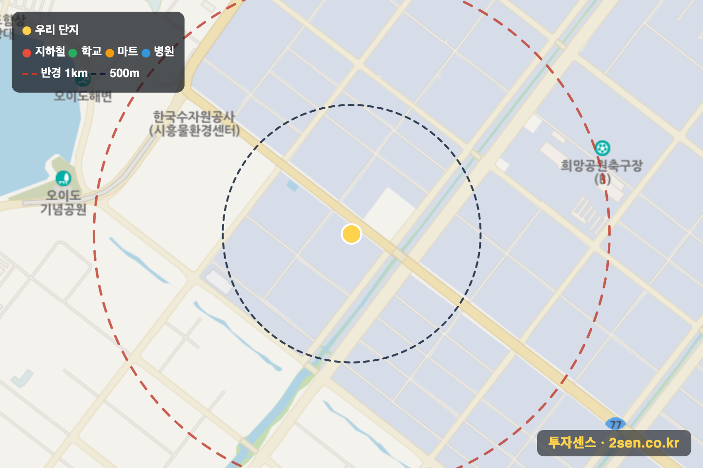 동남 반경 1km 입지 지도(지하철·학교·마트)