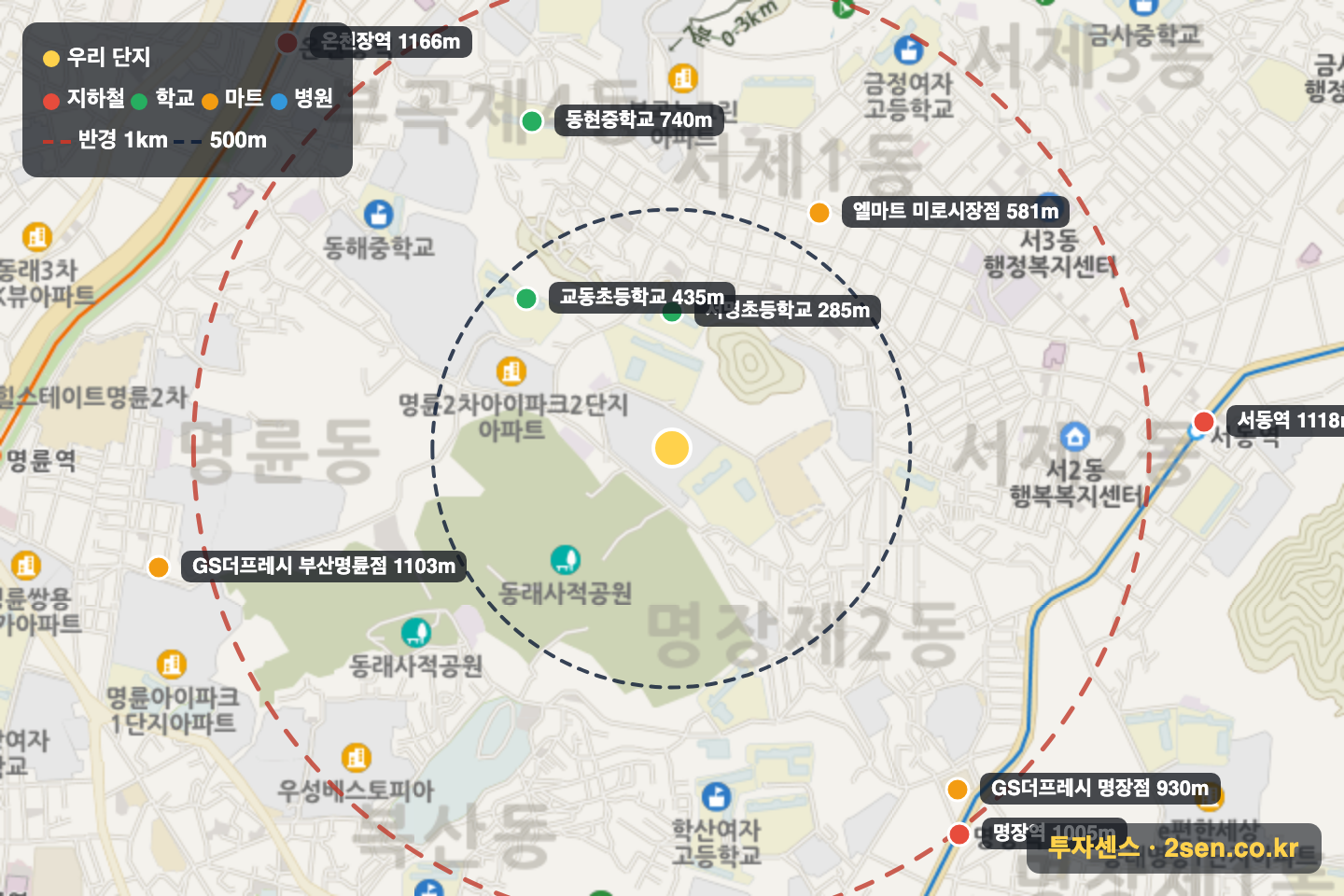 동래동일스위트 반경 1km 입지 지도(지하철·학교·마트)