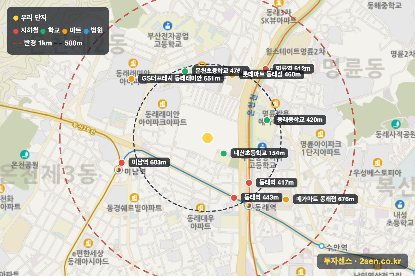 동래럭키 반경 1km 입지 지도(지하철·학교·마트)