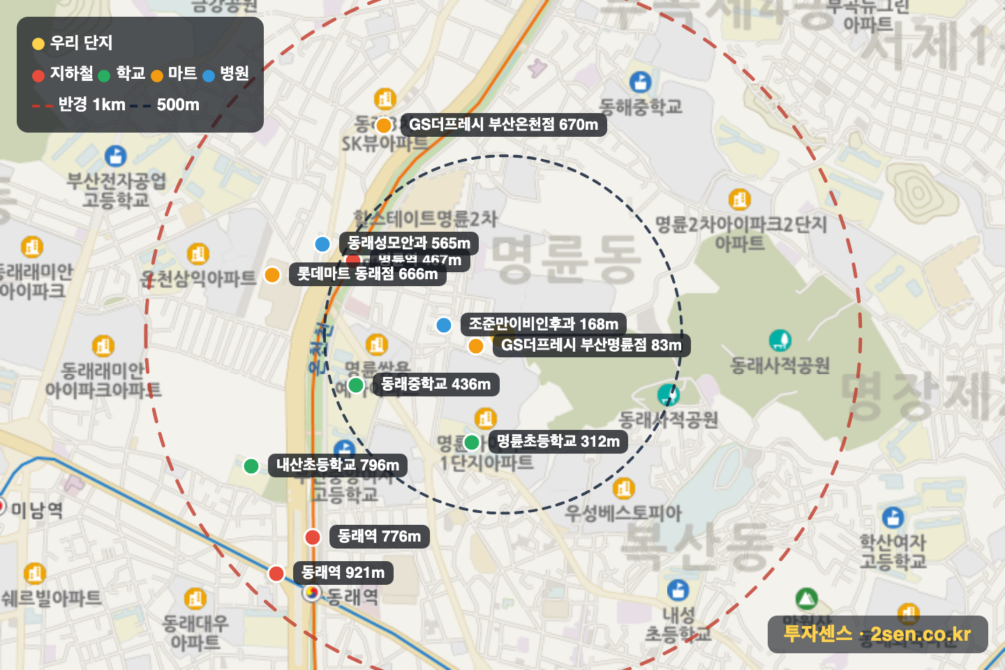 동래센트럴파크하이츠1차 반경 1km 입지 지도(지하철·학교·마트)