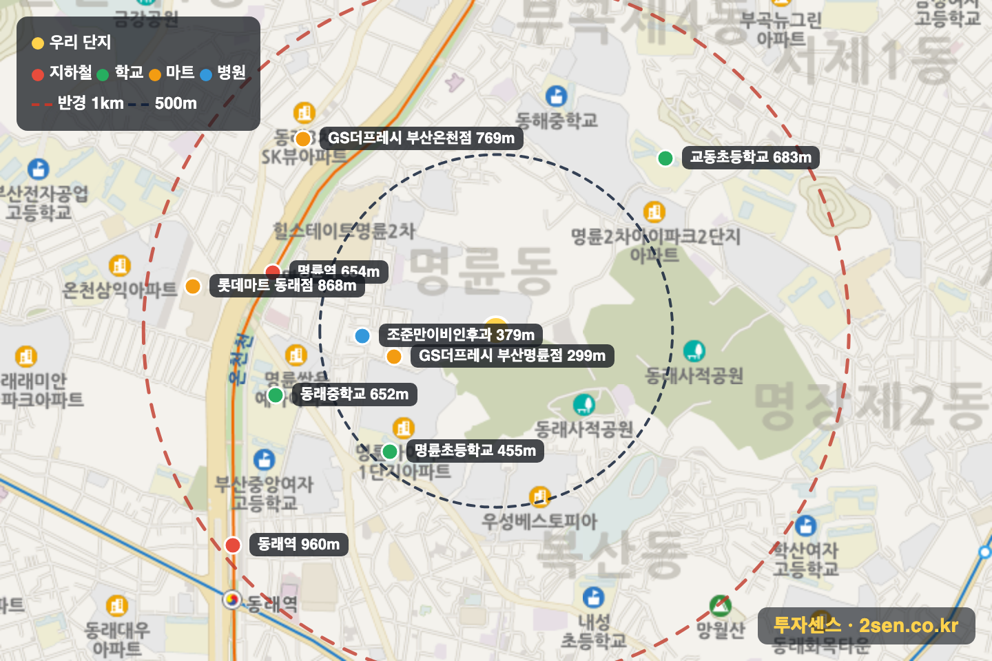 동래센트럴파크하이츠2차 반경 1km 입지 지도(지하철·학교·마트)