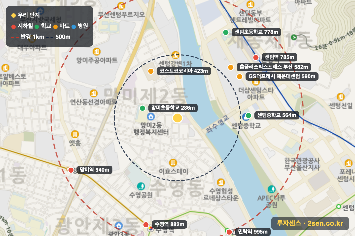 동림 반경 1km 입지 지도(지하철·학교·마트)