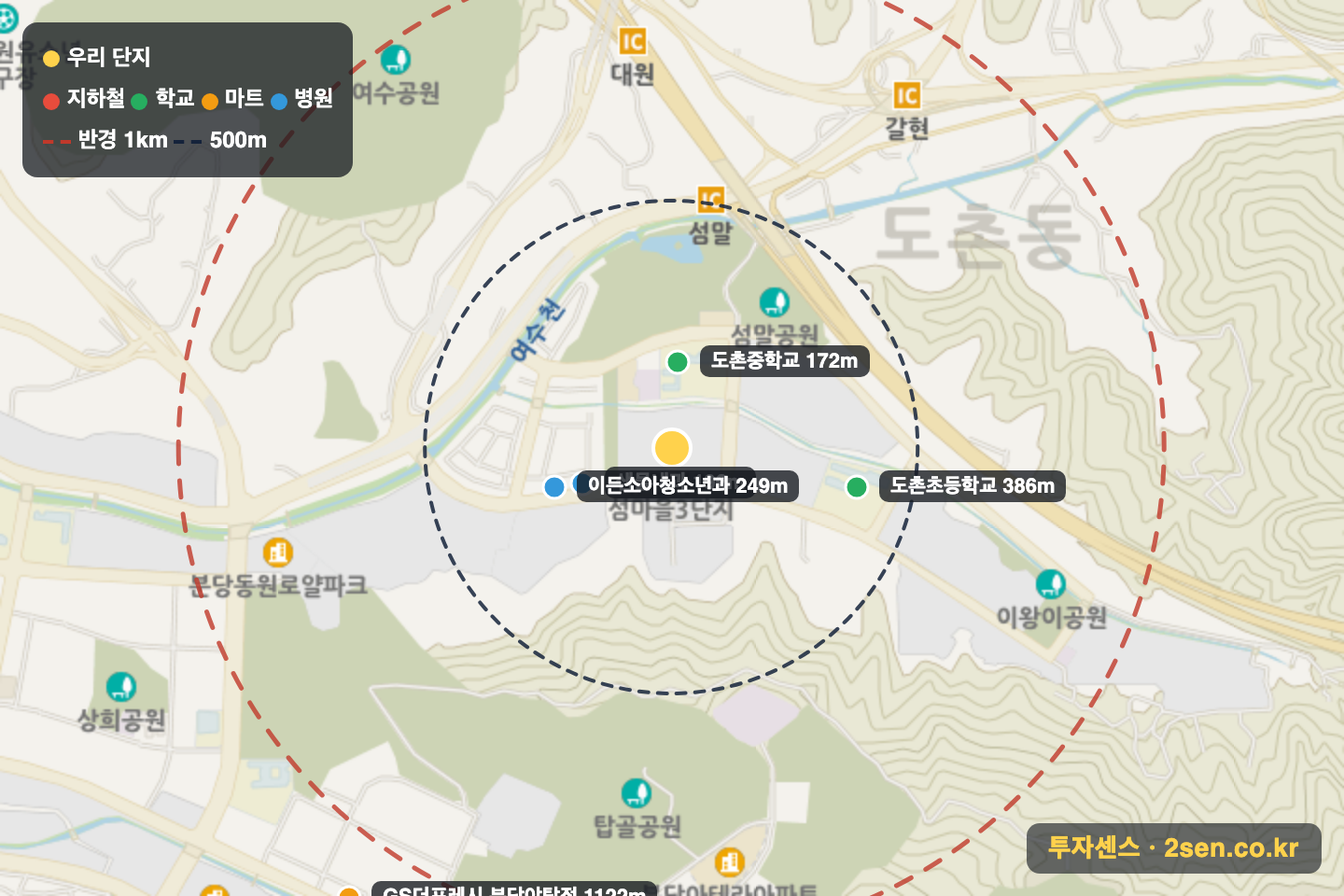 동분당포레스트 반경 1km 입지 지도(지하철·학교·마트)