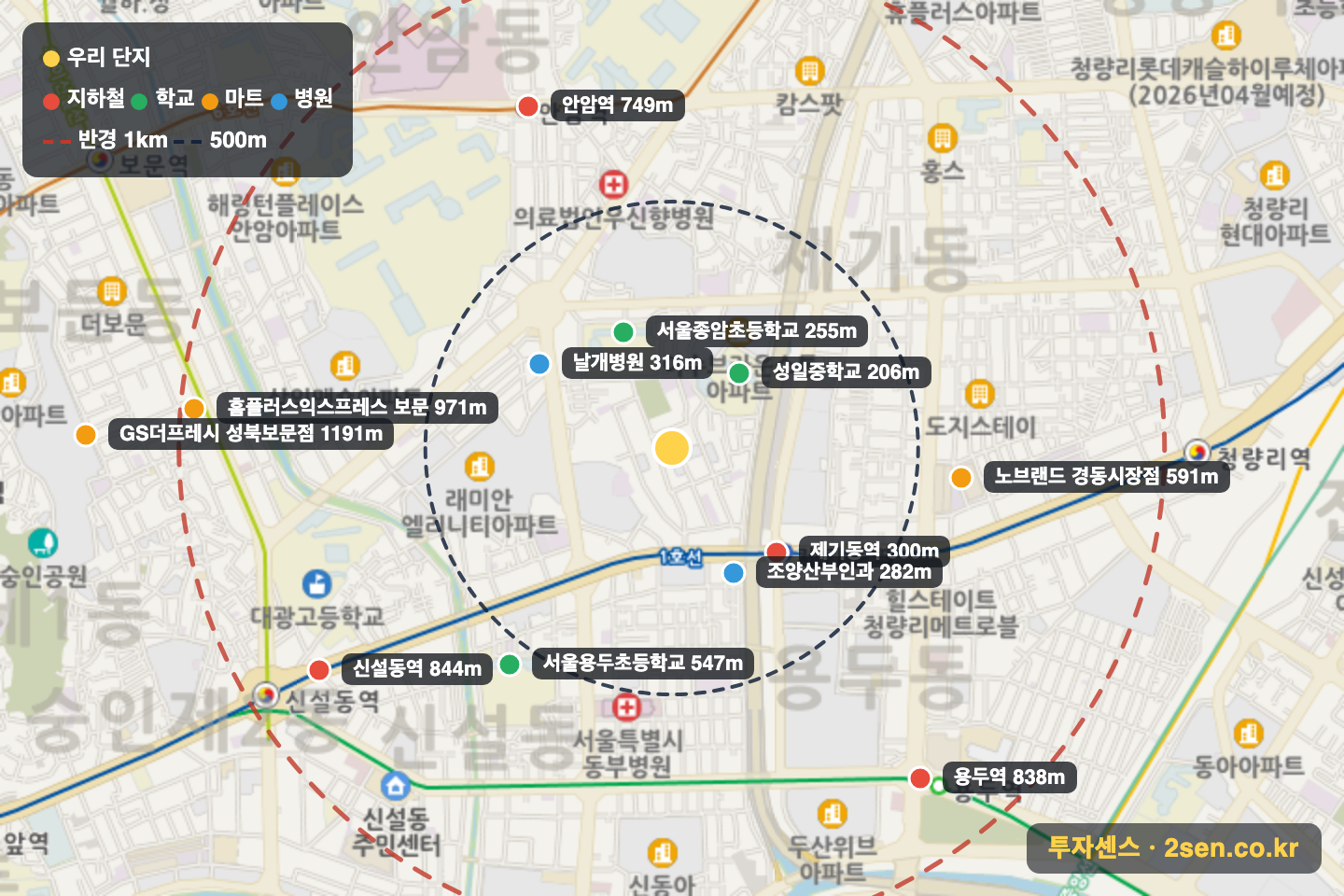 동성 반경 1km 입지 지도(지하철·학교·마트)